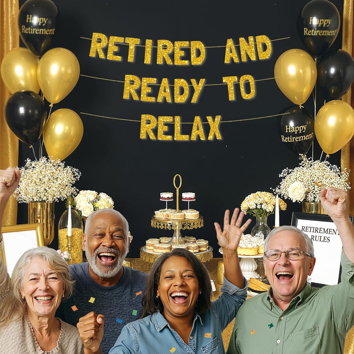 Meowoo Celebrate Retirement Banner with Glittery Gold Letters