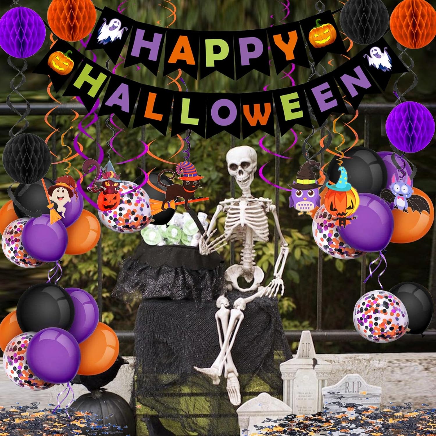 FECEDY Halloween Decorations Banner Paper Honeycomb Balls Swirl Streamers Balloons