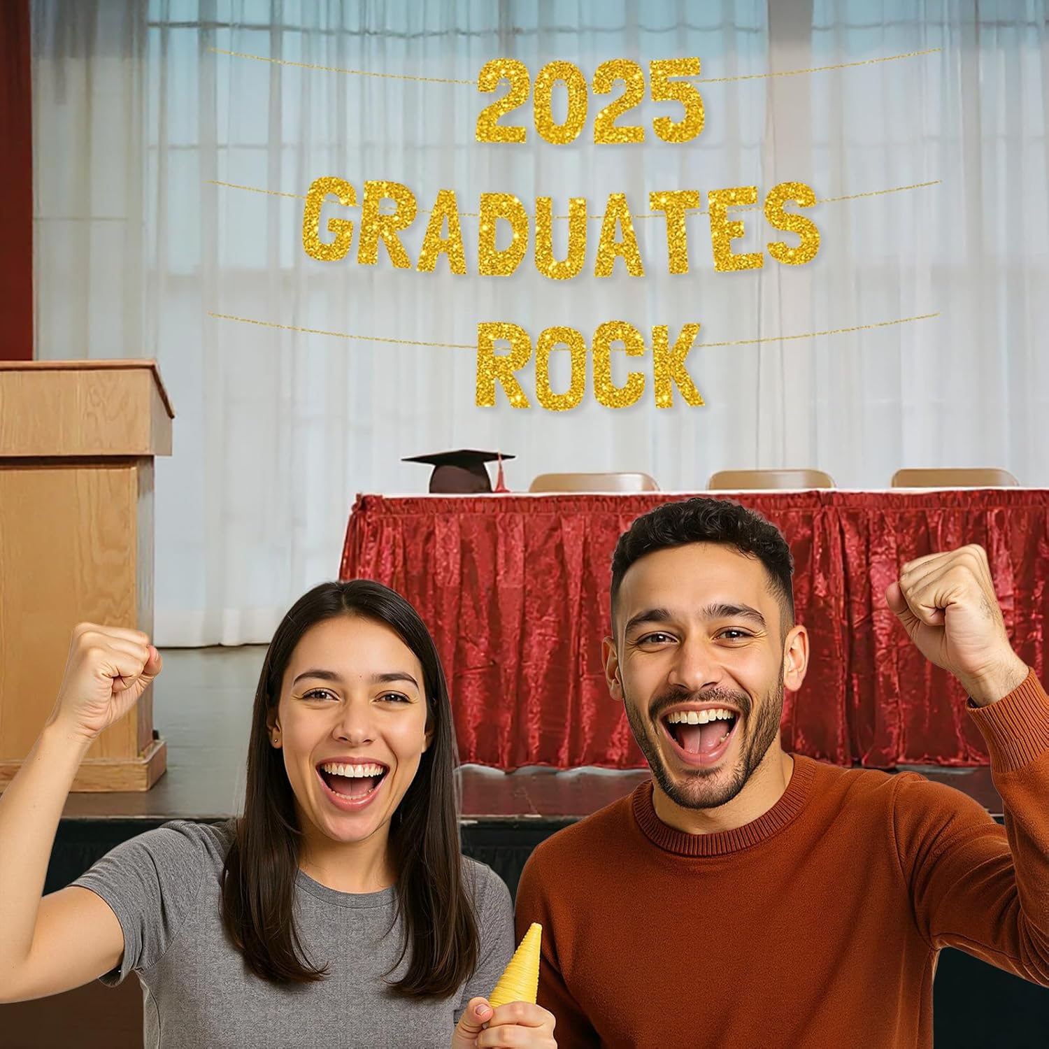 Meowoo Graduation Banner 2025 Bold Gold Glitter