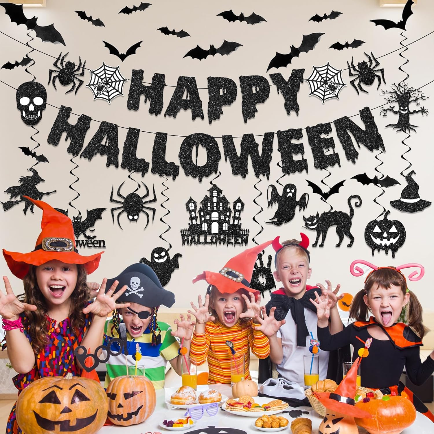 Halloween Hanging Decorations Set with Glitter Banners and Spooky Cutouts