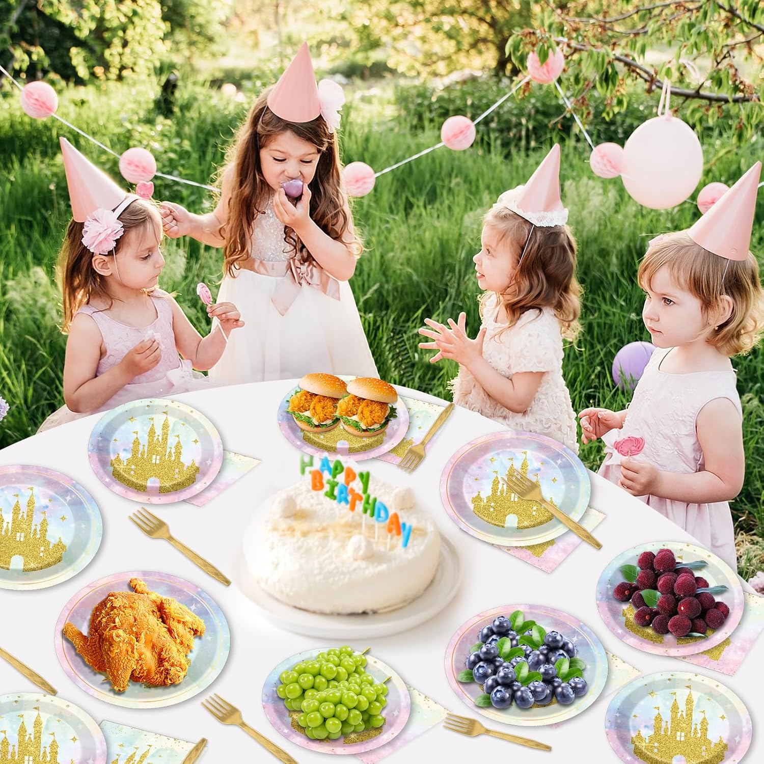 200Pcs Princess Castle Party Plates Napkins Forks Set for 50 Guests