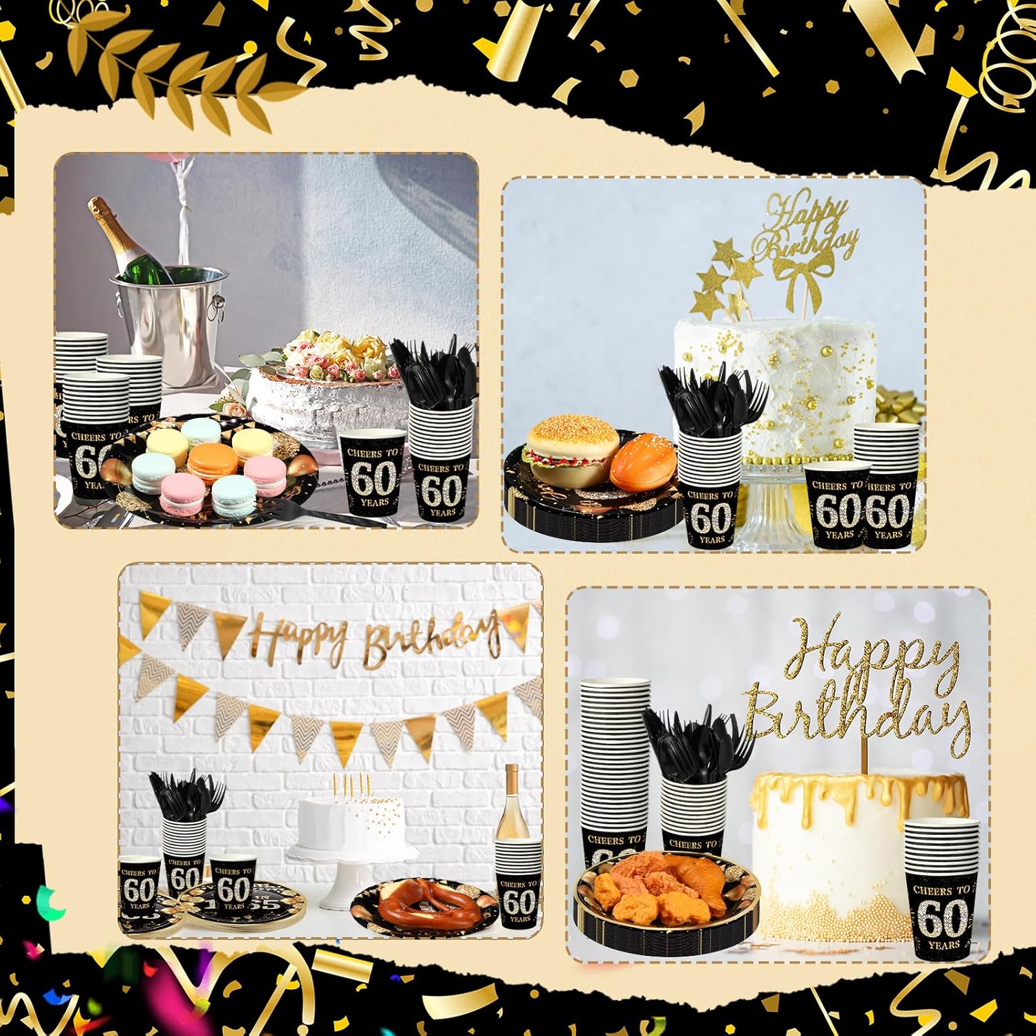 240 Pcs 60th Birthday Party Tableware Set Black Gold