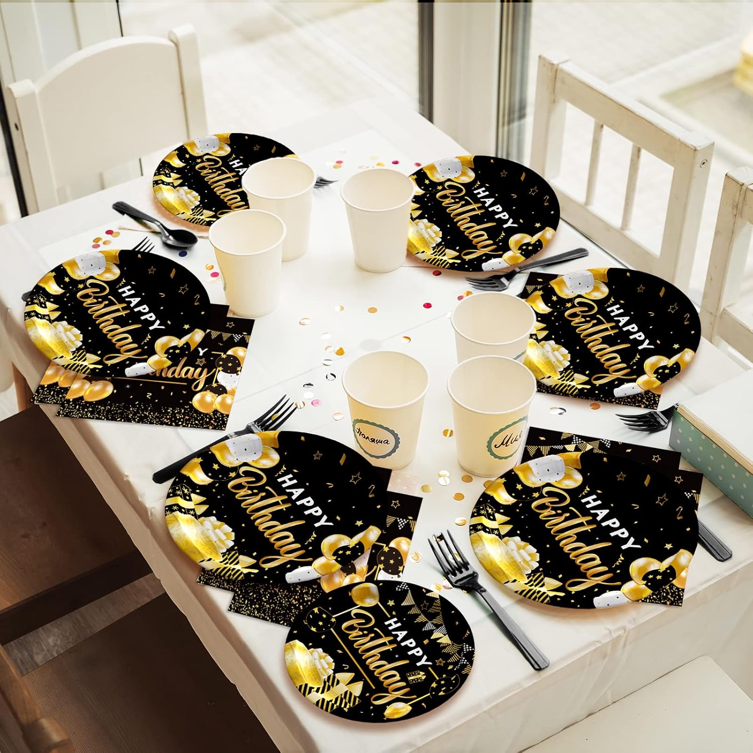 96 Pcs Black Gold Birthday Party Tableware Set for 24 Guests