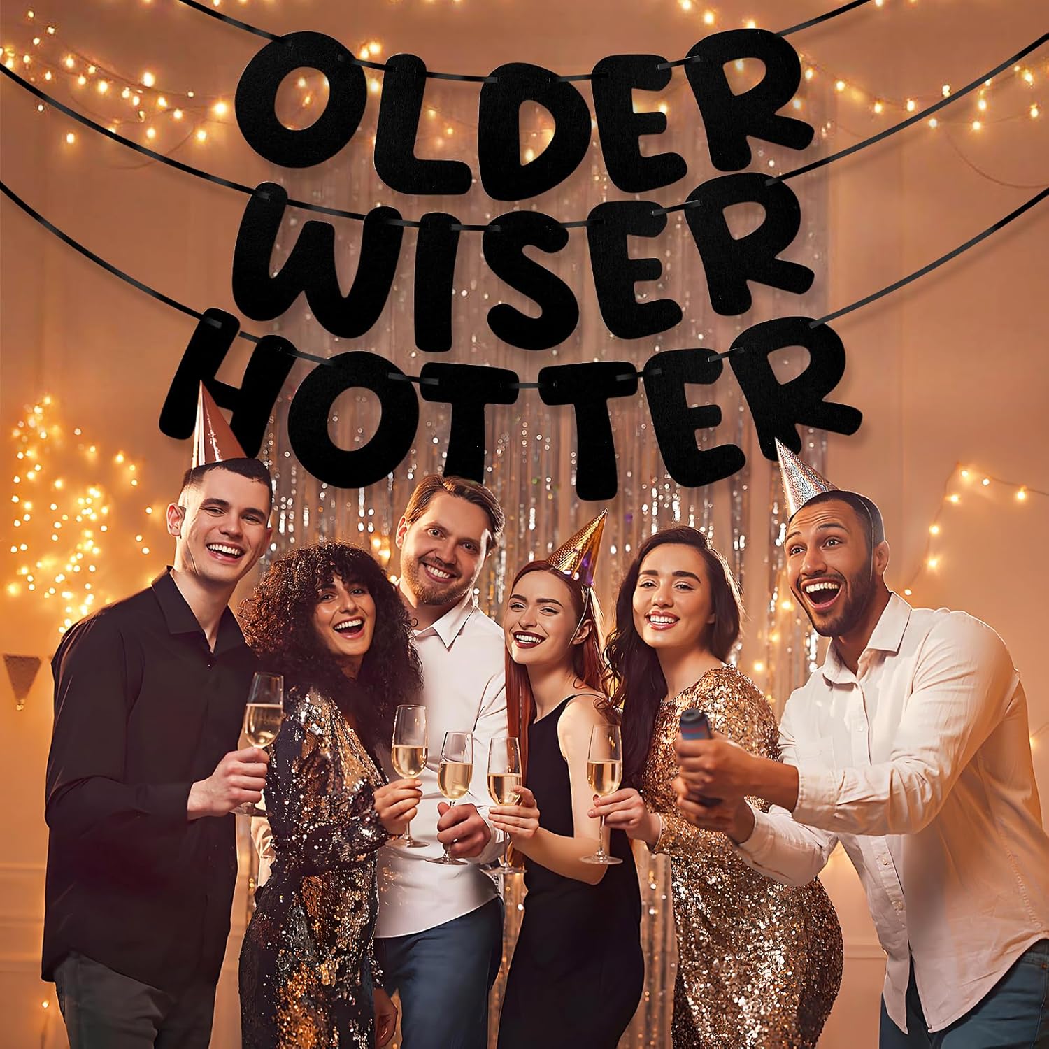 Pre Strung Felt Older Wiser Hotter Birthday Banner - Black - 72 Ft Reusable Garland