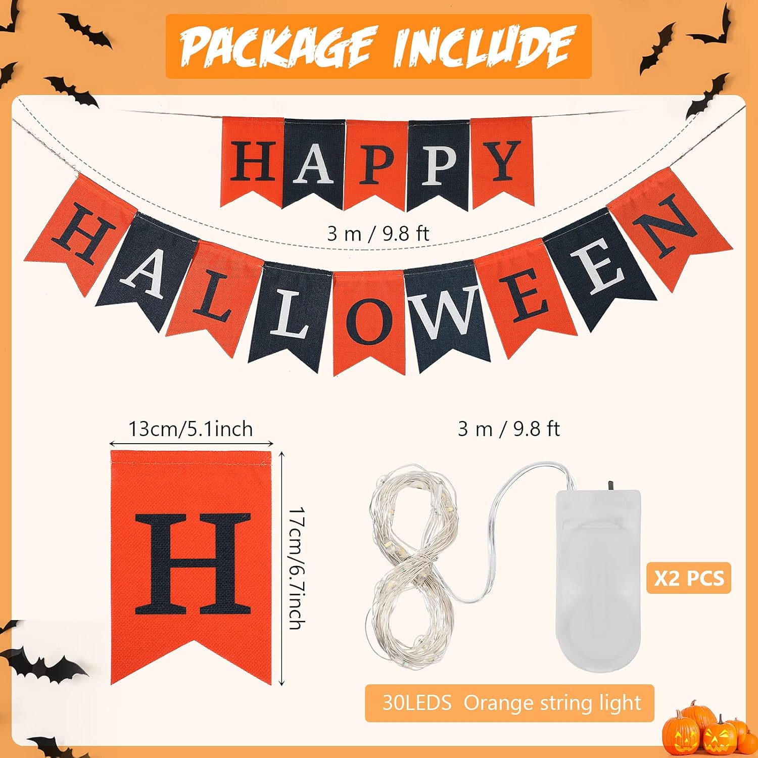 Happy Halloween Fabric Banner with String Light for Fireplace