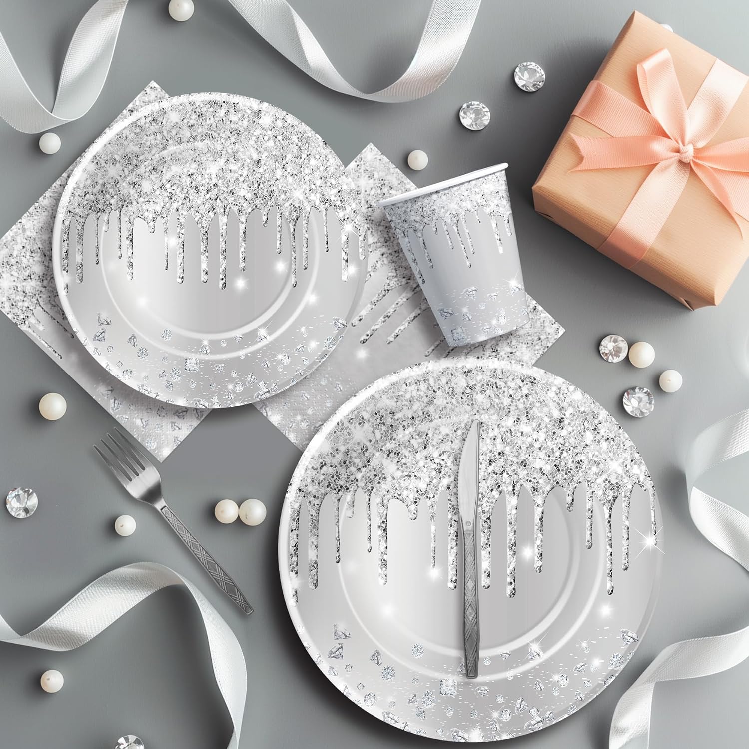 Silver Glitter Party Tableware Set for 24 Guests