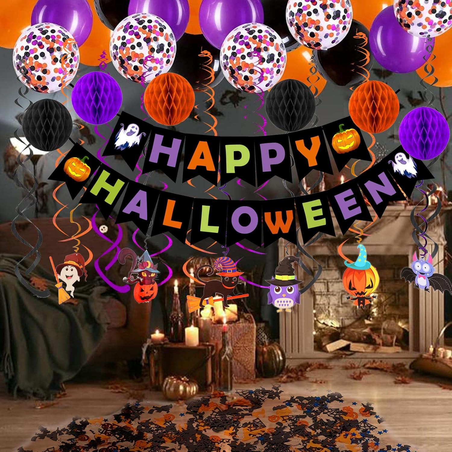 FECEDY Halloween Decorations Banner Paper Honeycomb Balls Swirl Streamers Balloons
