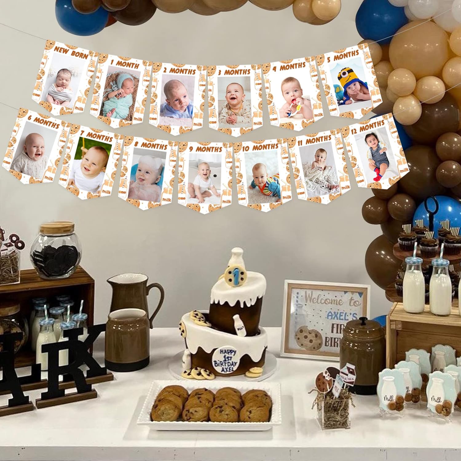 Sursurprise 1st Birthday Cookie and Milk Photo Banner for Kids