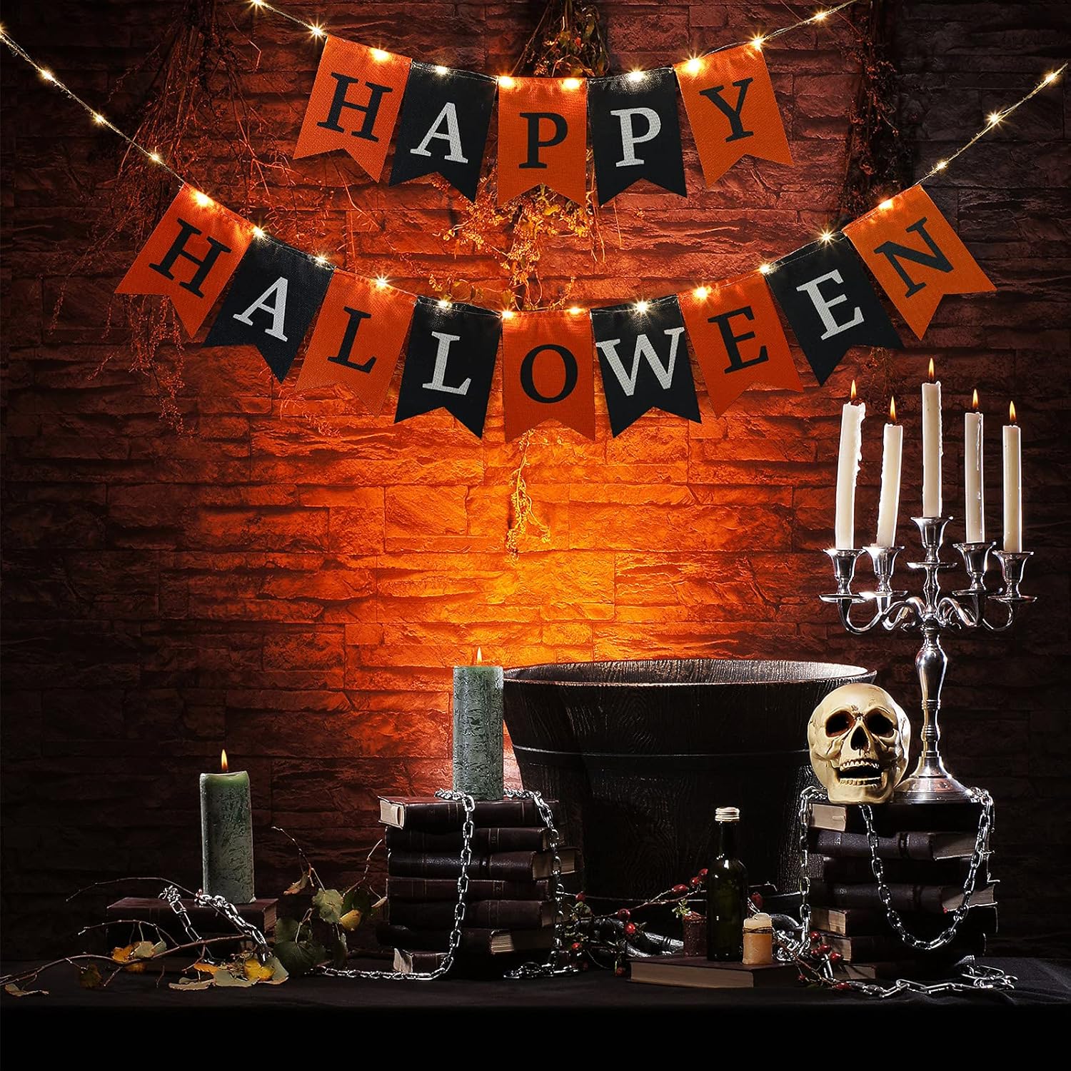 Happy Halloween Fabric Banner with String Light for Fireplace