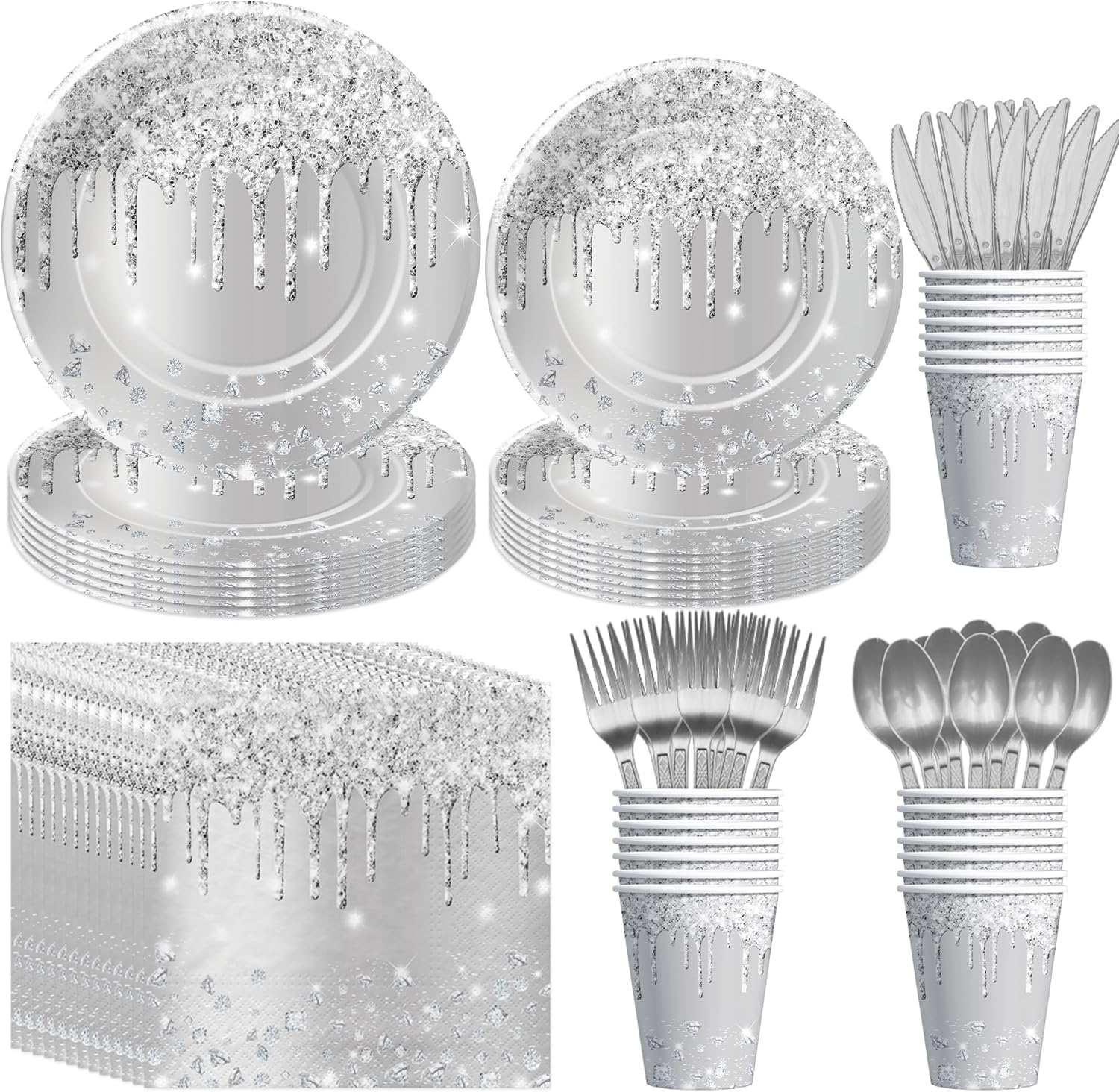 Silver Glitter Party Tableware Set for 24 Guests