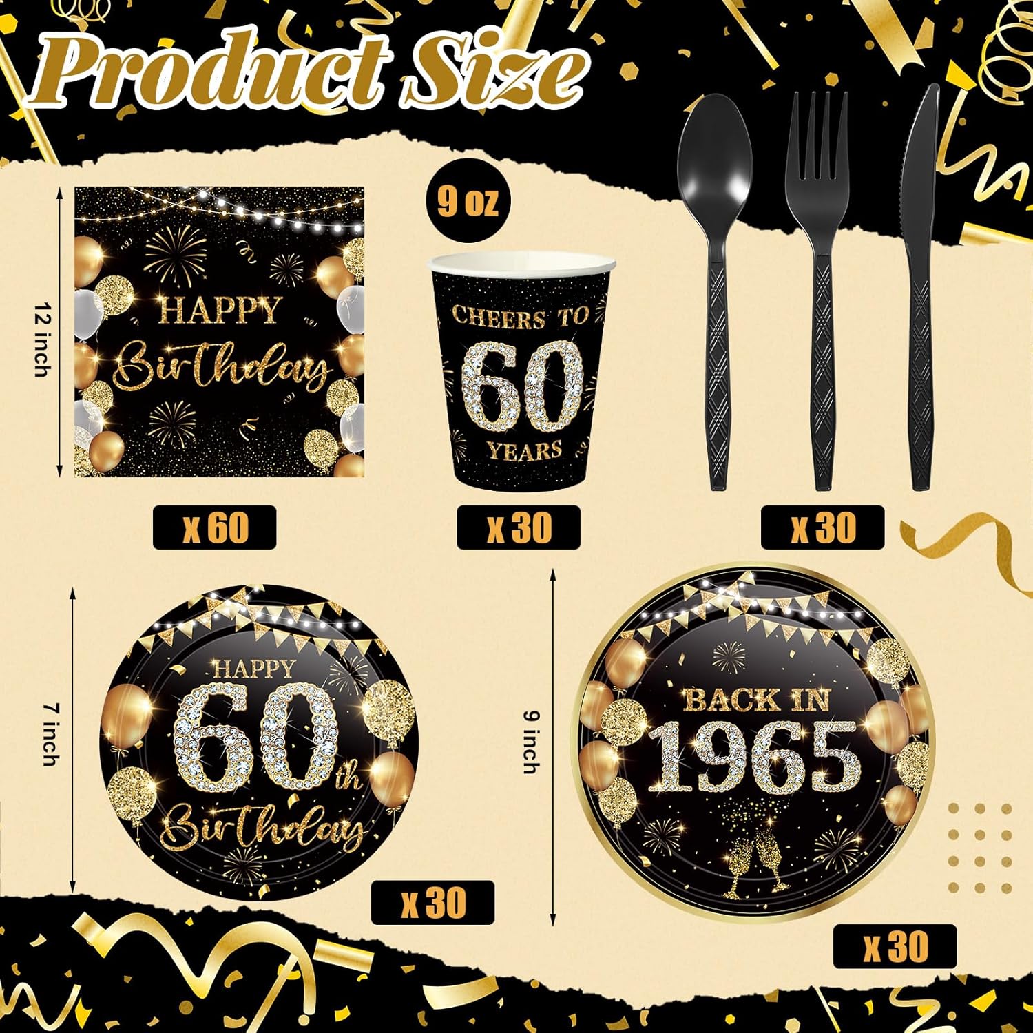240 Pcs 60th Birthday Party Tableware Set Black Gold