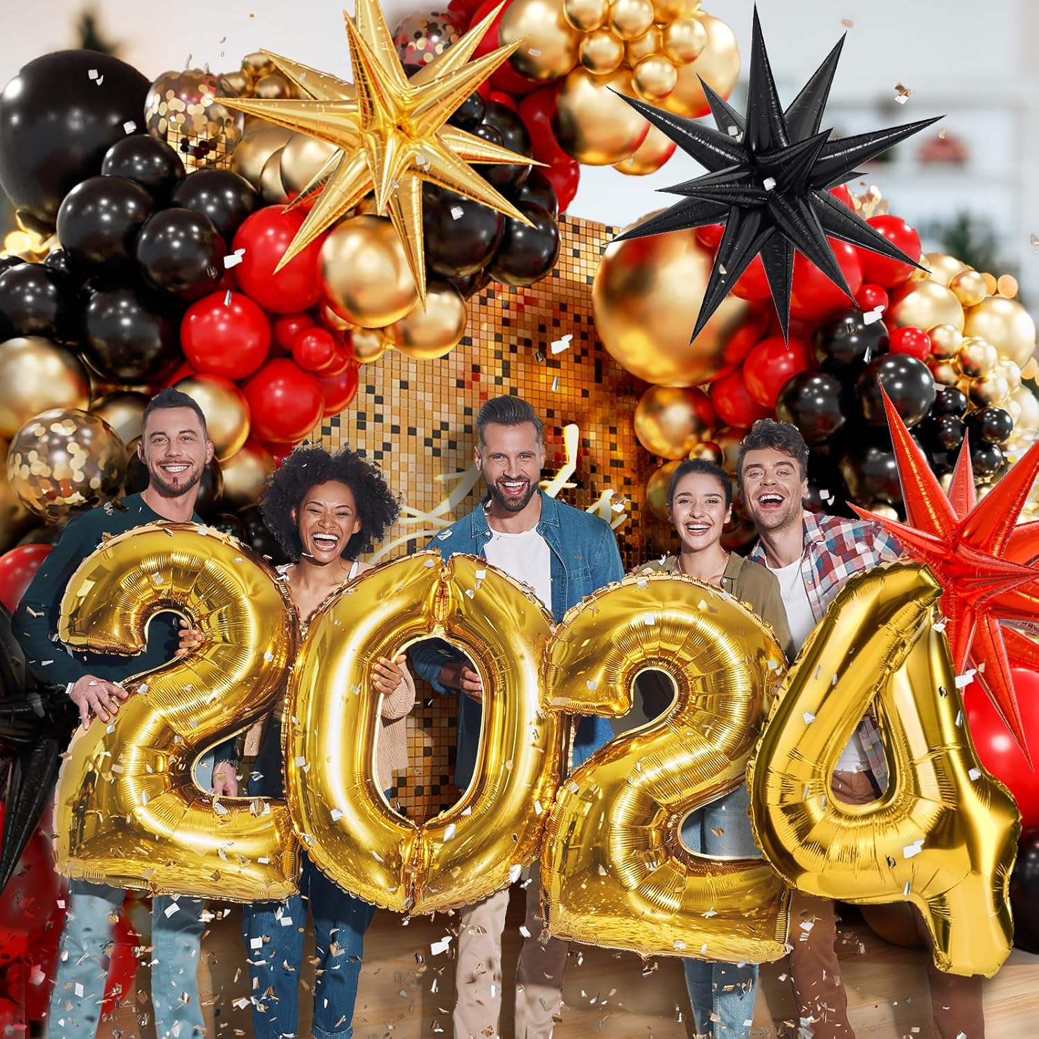 Red Black Gold Balloon Arch Kit with Garland and Star Balloons