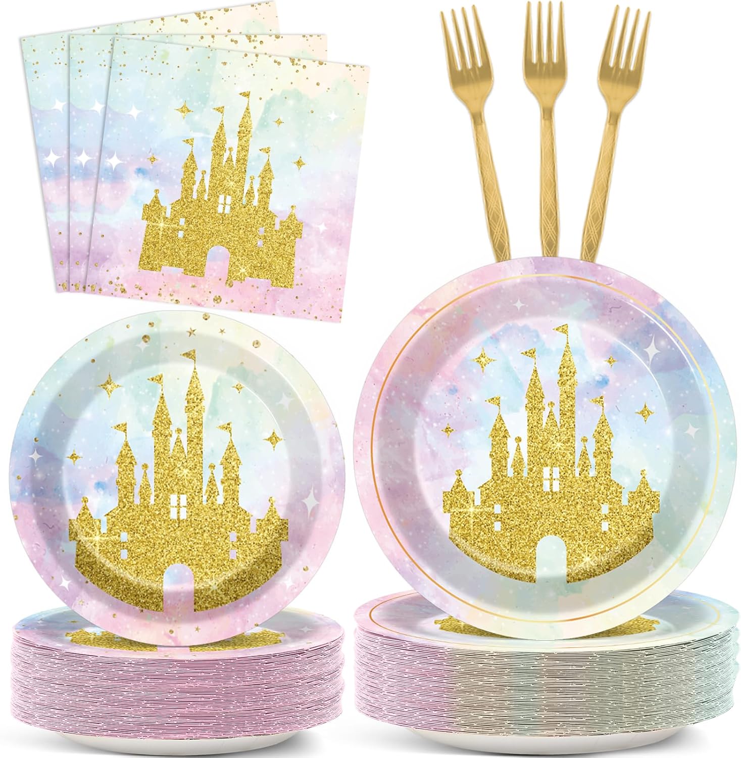 200Pcs Princess Castle Party Plates Napkins Forks Set for 50 Guests