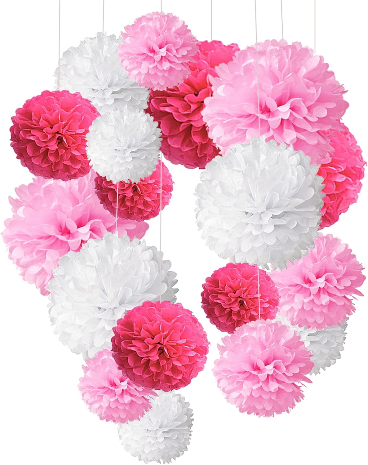 Tissue Paper Pom Poms 18 Pcs Rose Red Pink and White