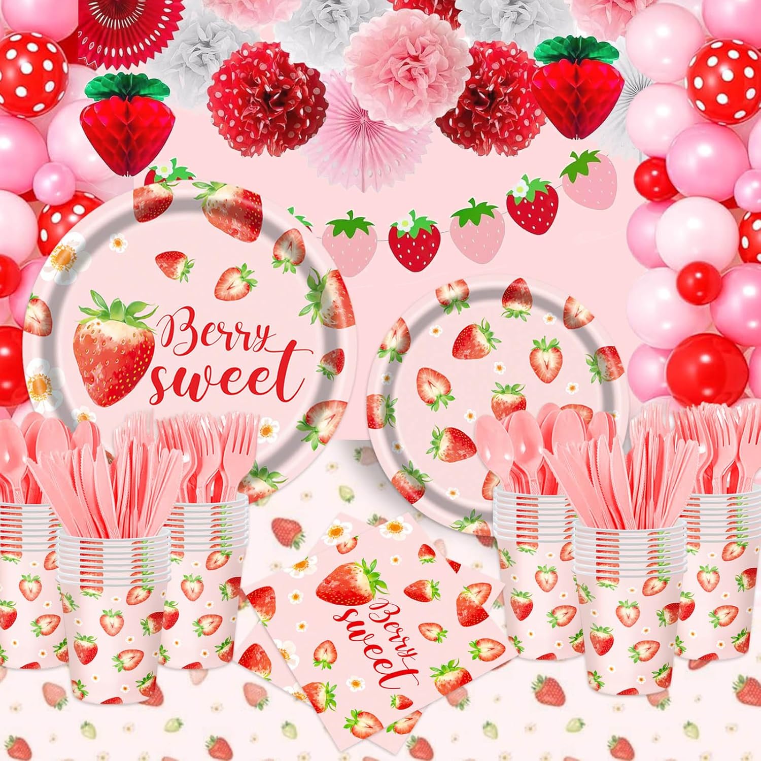 Strawberry Themed Tableware Set - 175 Pieces Baby Shower Party Supplies
