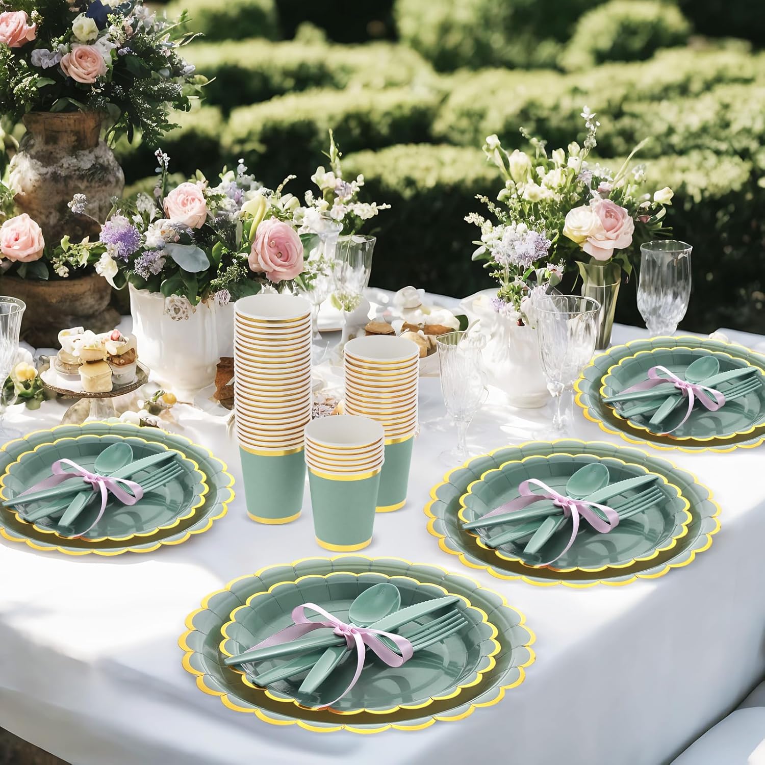 350 Pcs Sage Green Gold Foil Party Set for 50 Guests