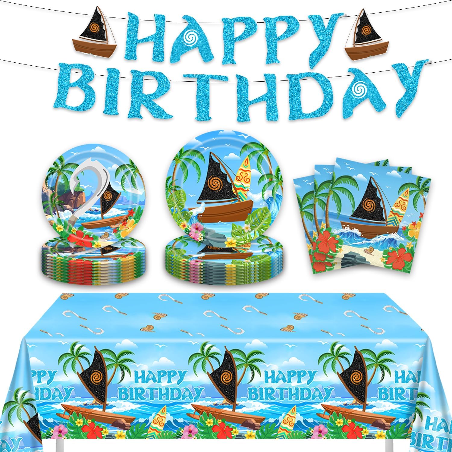 42Pcs Moana Party Supplies Set with Banner Plates Napkins Tablecloth