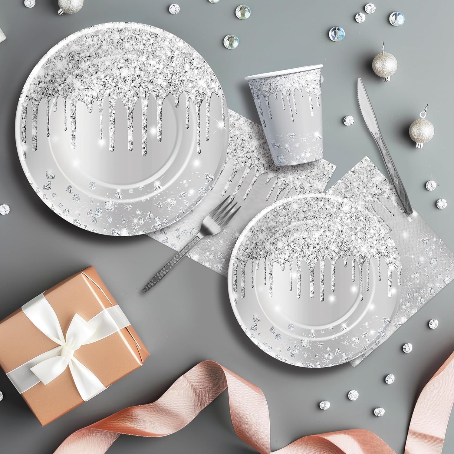 Silver Glitter Party Tableware Set for 24 Guests