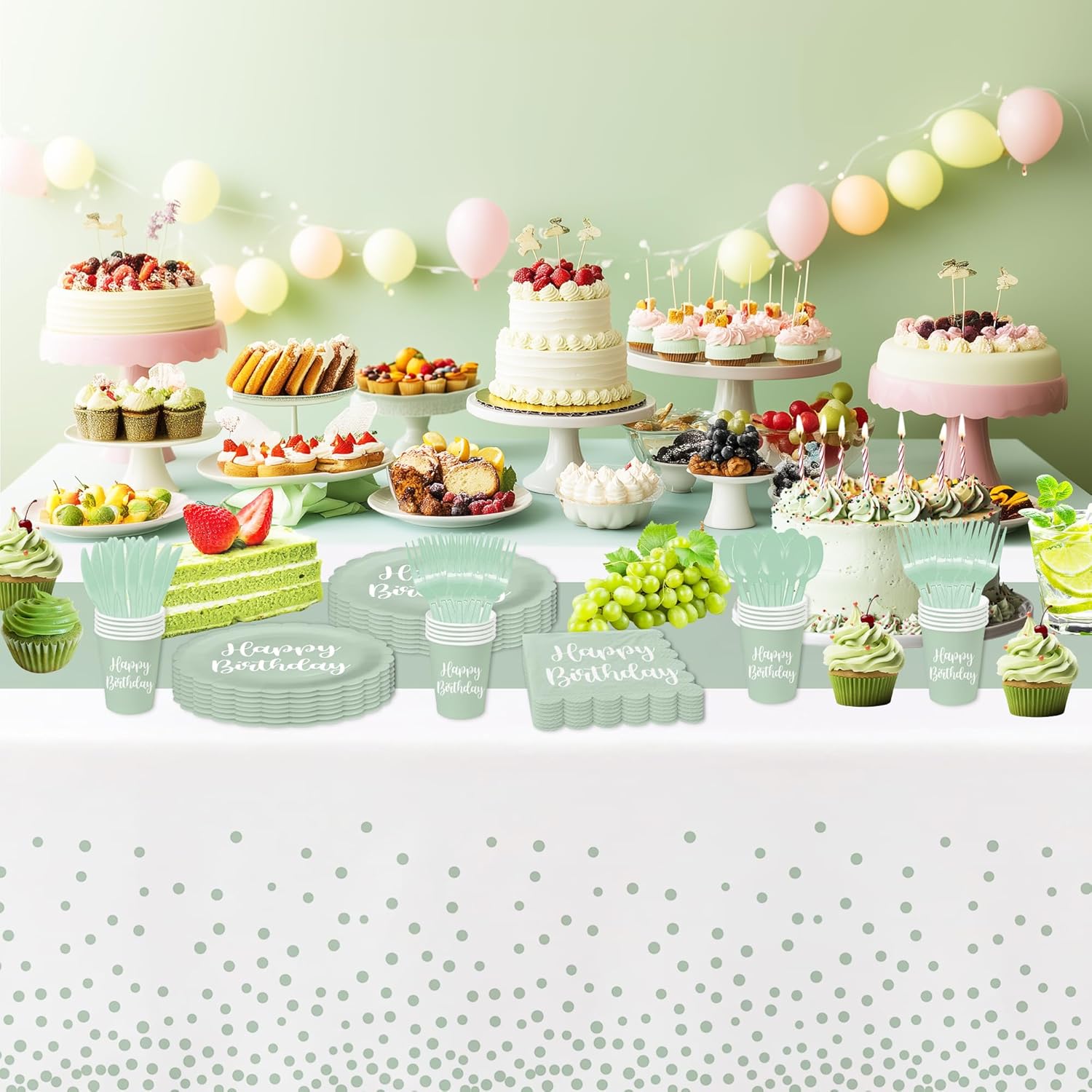 Sage Green Birthday Party Decorations Set for 24