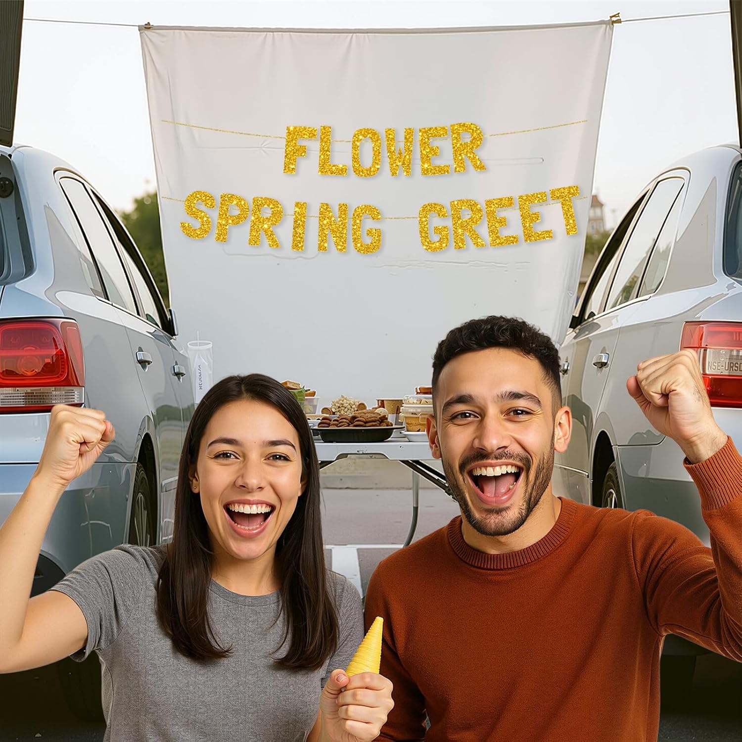 Meowoo Cheerful Spring Greeting Banner with Glittery Gold Letters