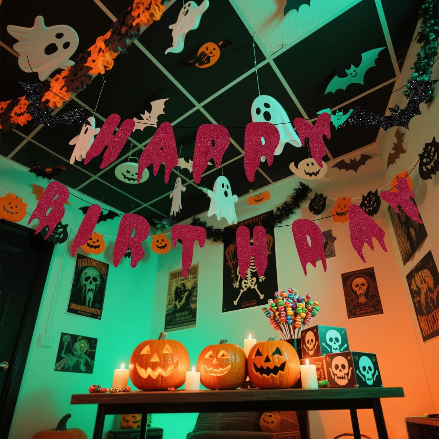 Halloween Happy Birthday Banner - Red Glitter Bloody Bat Decor