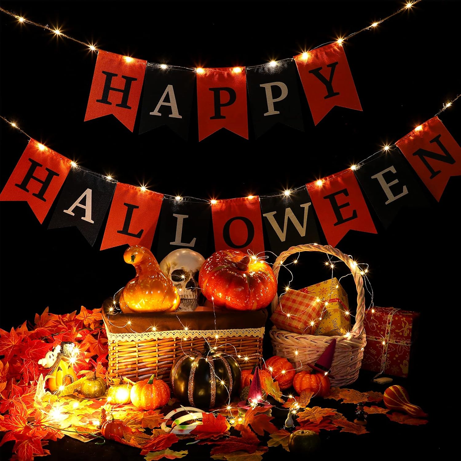 Happy Halloween Fabric Banner with String Light for Fireplace