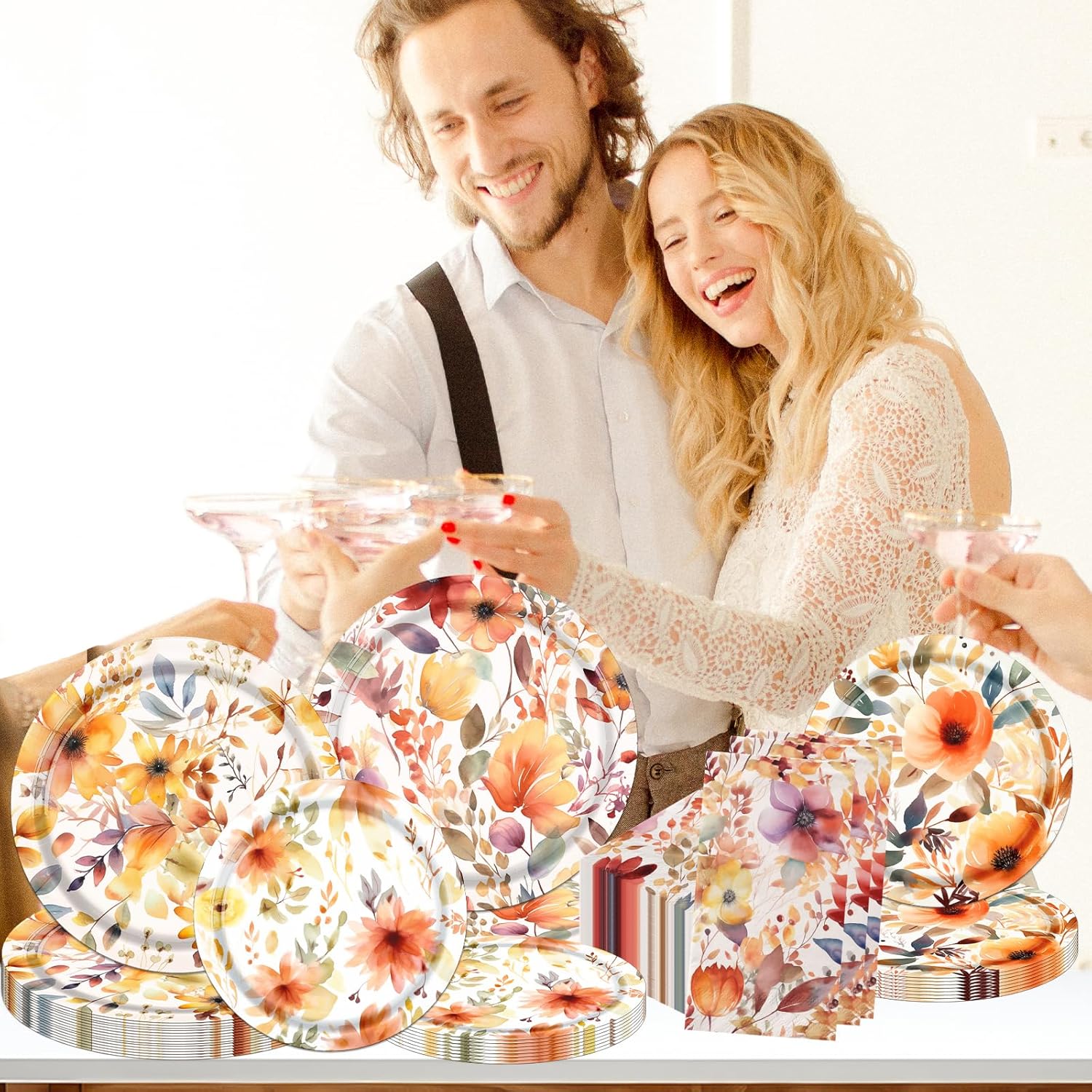 Fall Floral Plates and Napkins Set 60Pcs