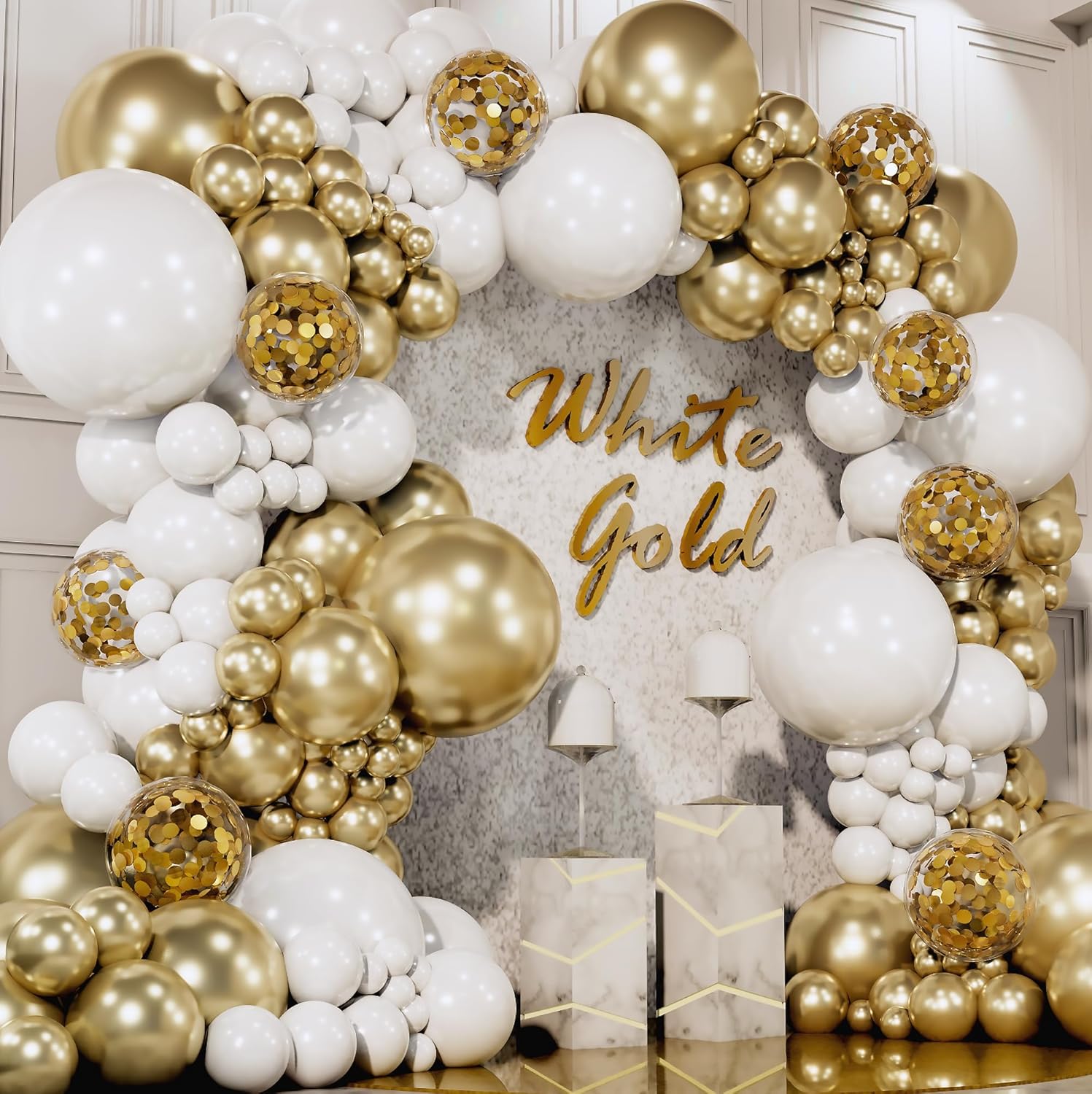 ALL-IN-ONE White and Gold Balloons Garland Arch Kit