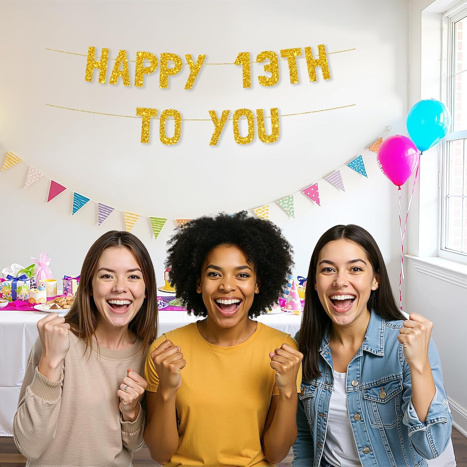 Meowoo Happy 13th Birthday Banner with Luxe Gold Glitter