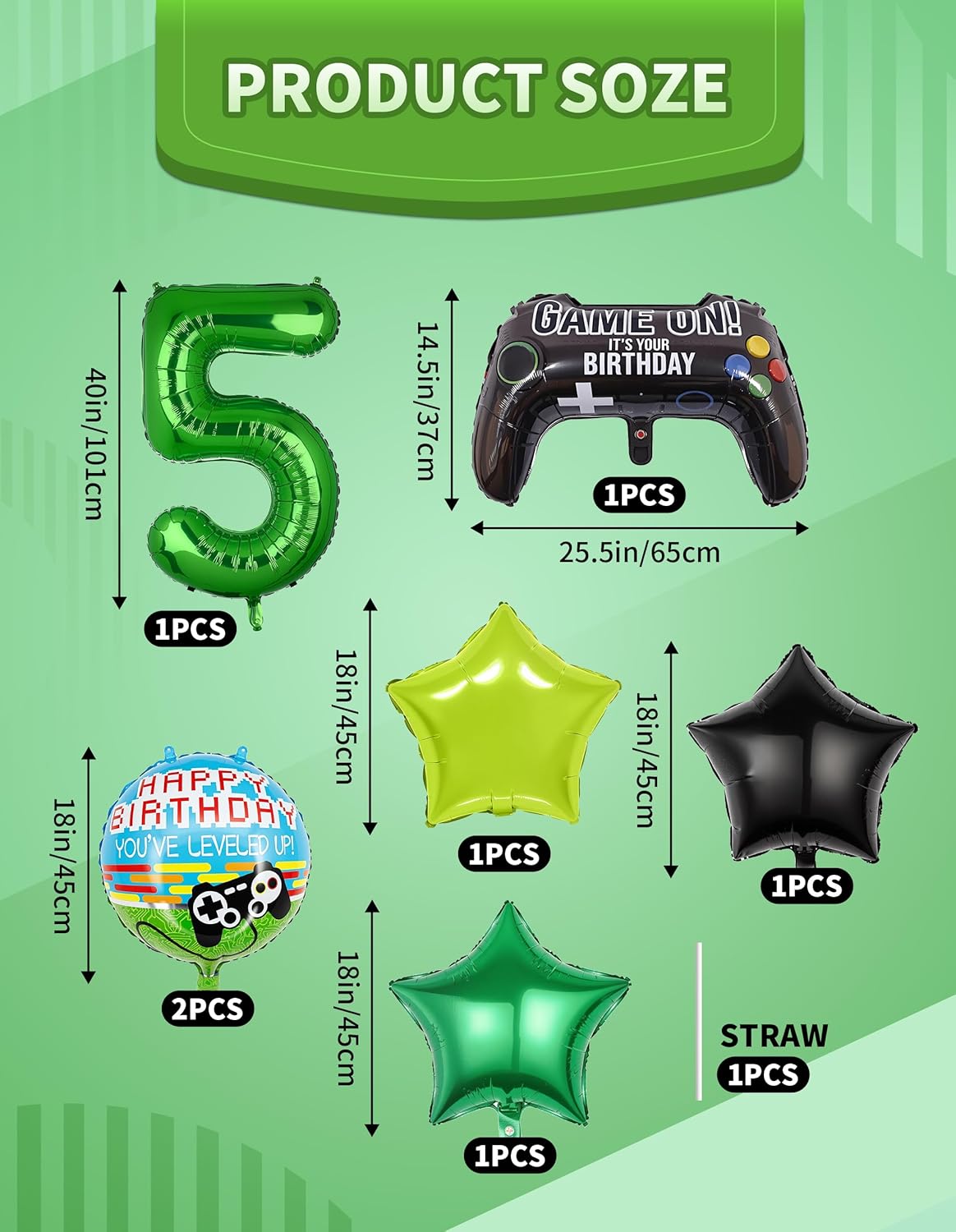 40 Inch Green Pixel Number 5 Balloon Set 7Pcs
