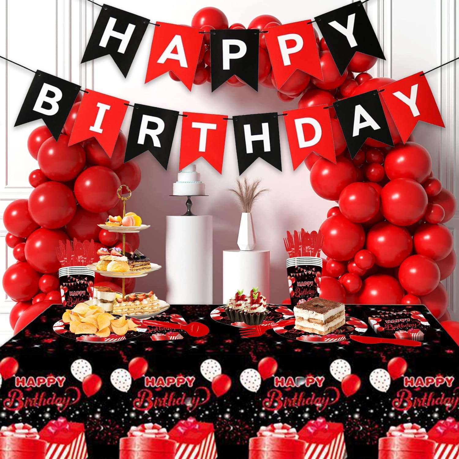 142Pcs Red Black Birthday Party Tableware Set for 20 Guests