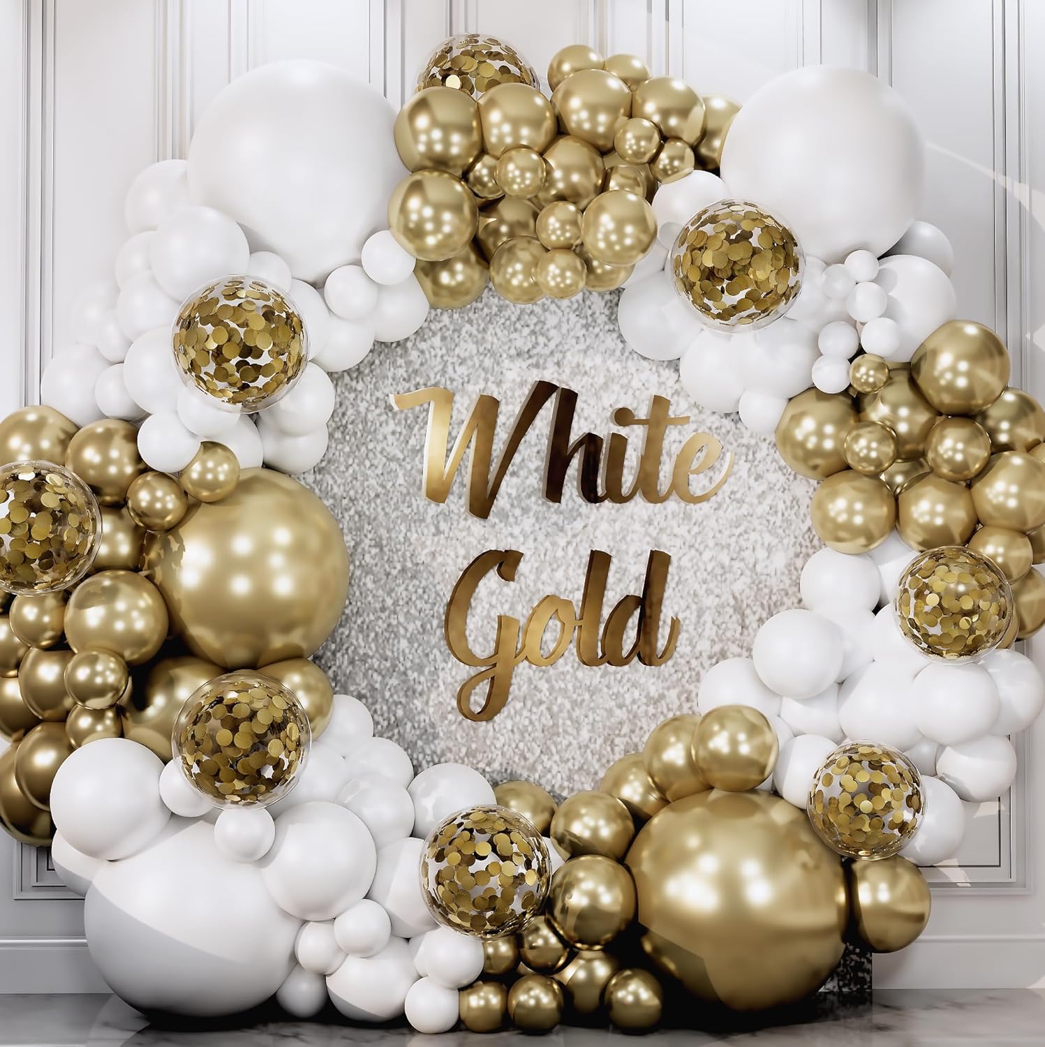 ALL-IN-ONE White and Gold Balloons Garland Arch Kit