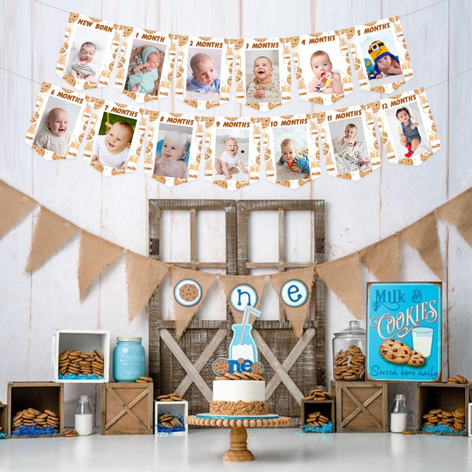 Sursurprise 1st Birthday Cookie and Milk Photo Banner for Kids