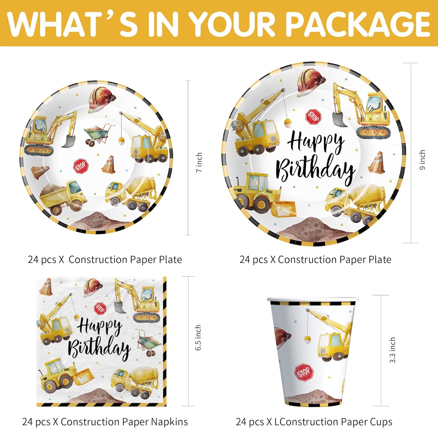 Construction Birthday Party Tableware Set for 24 Guests