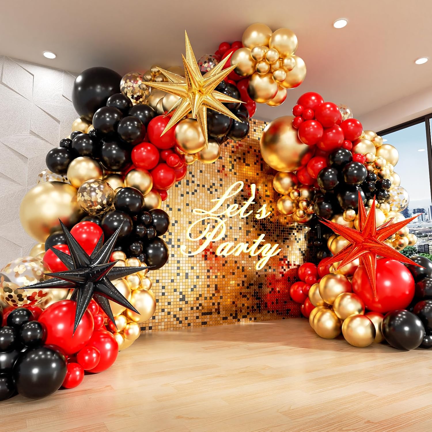 Red Black Gold Balloon Arch Kit with Garland and Star Balloons
