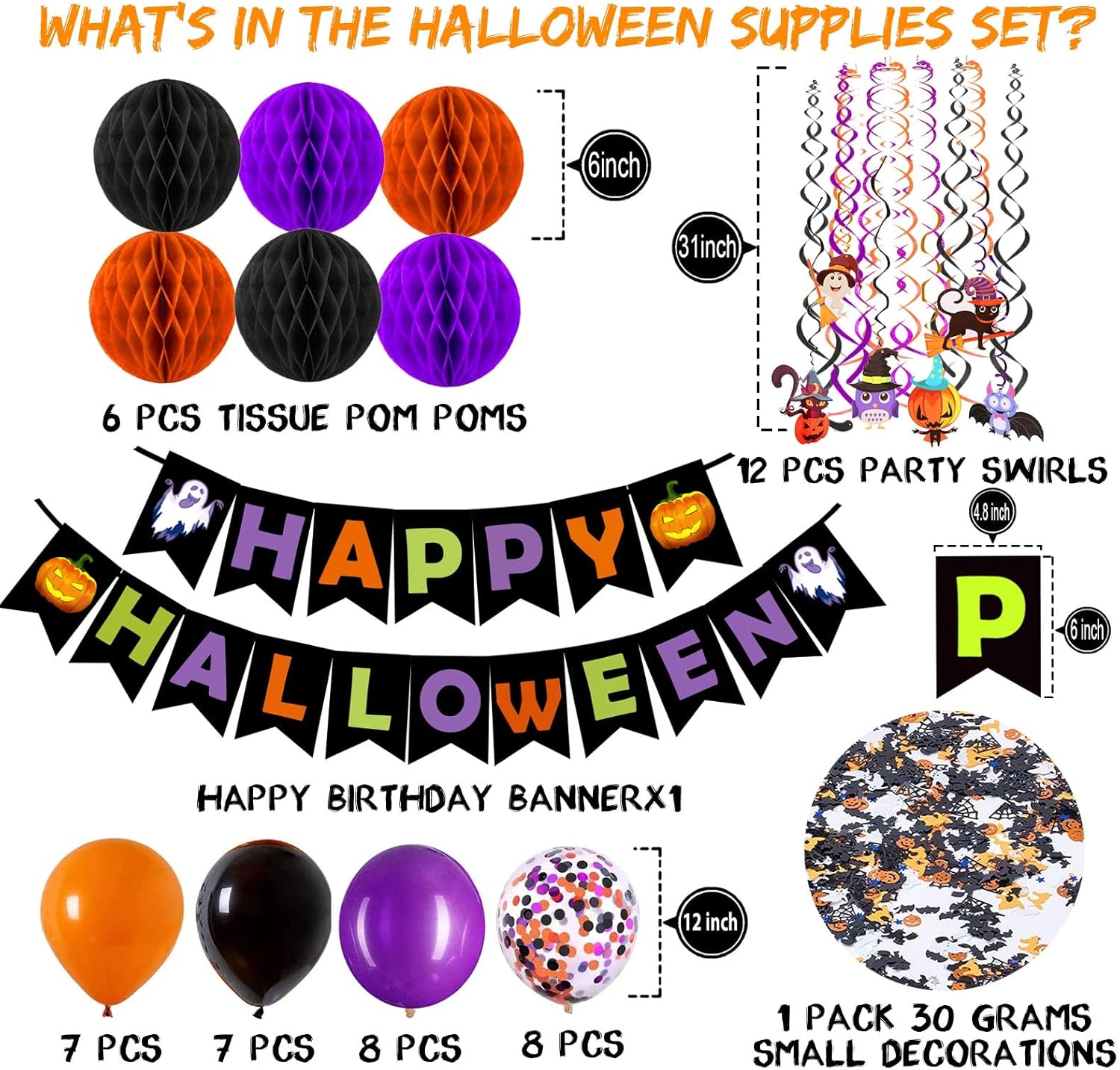 FECEDY Halloween Decorations Banner Paper Honeycomb Balls Swirl Streamers Balloons