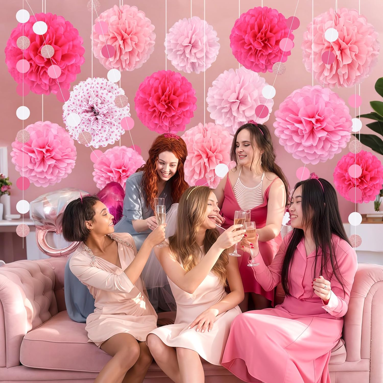Pink Party Decorations Set with Pom Poms and Garland