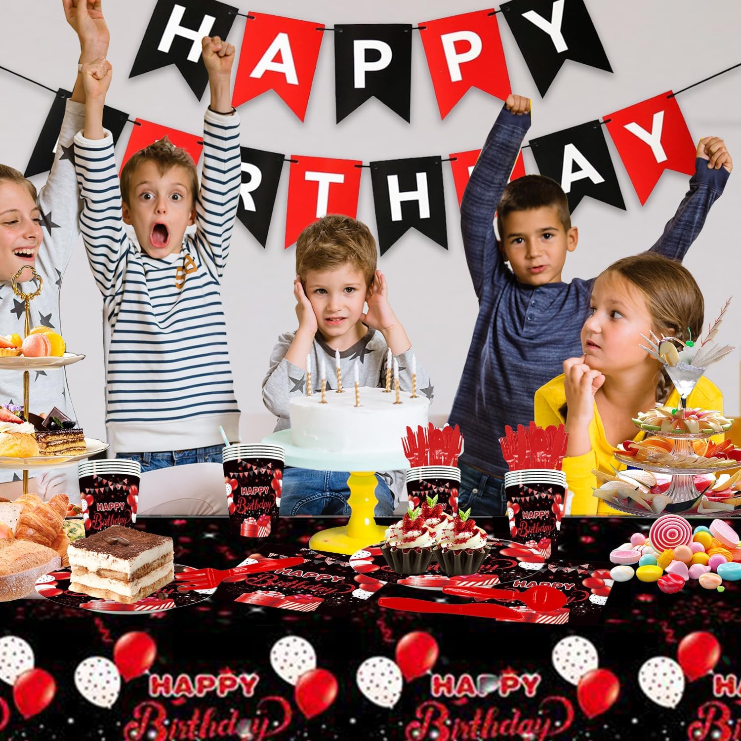 142Pcs Red Black Birthday Party Tableware Set for 20 Guests