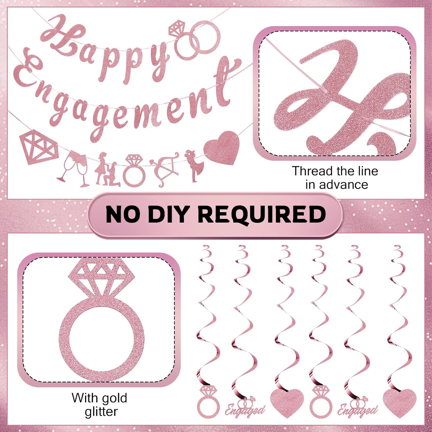 Rose Gold Glitter Engagement Party Banner 98ft