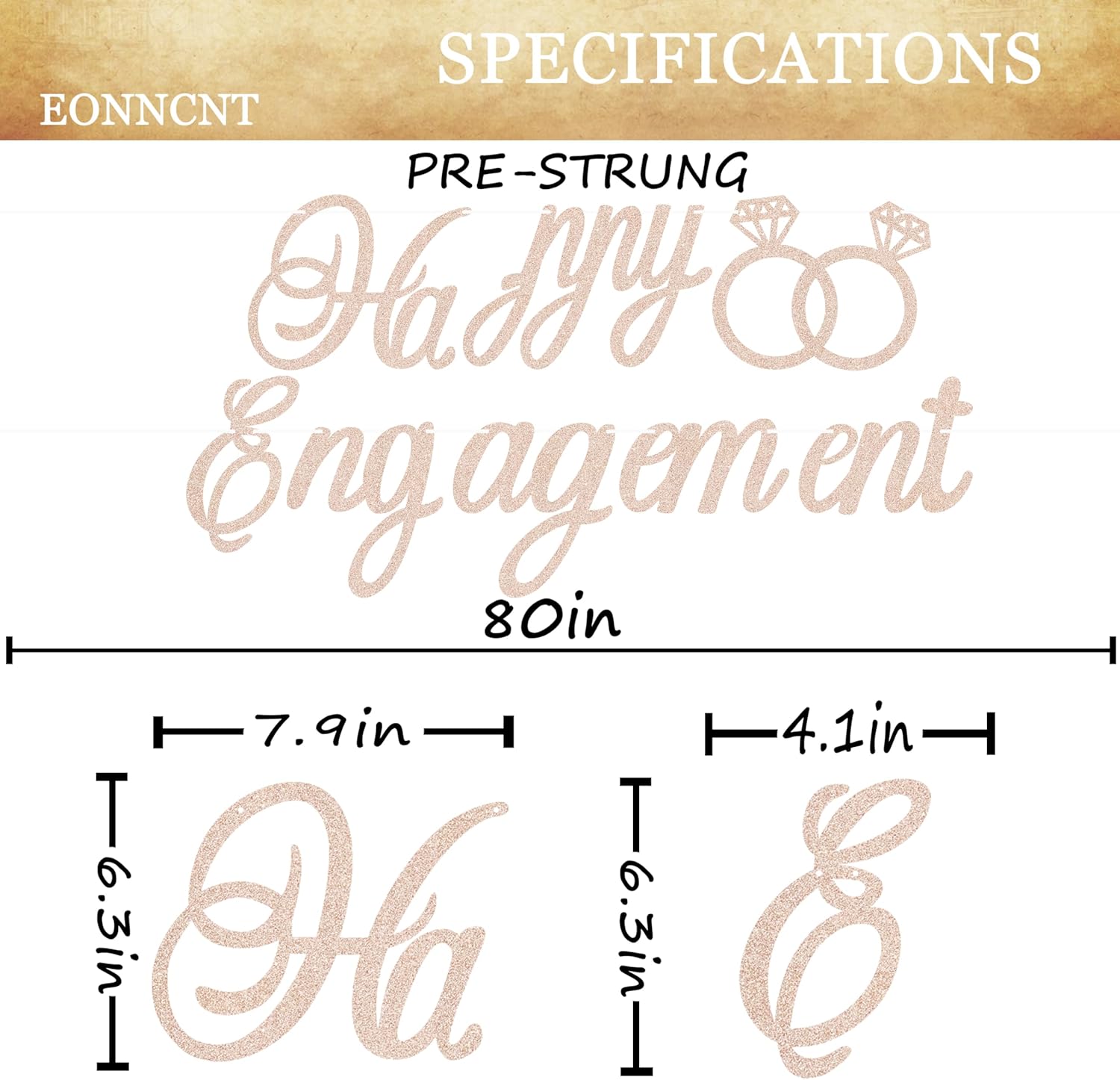 Pre-Strung Happy Engagement Banner - Rose Gold Glitter