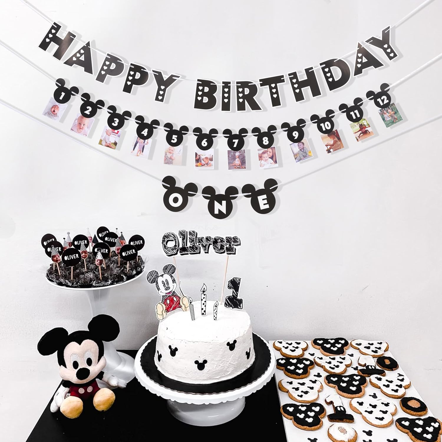 HIKLO Black and White Mouse 1st Birthday Banner Set