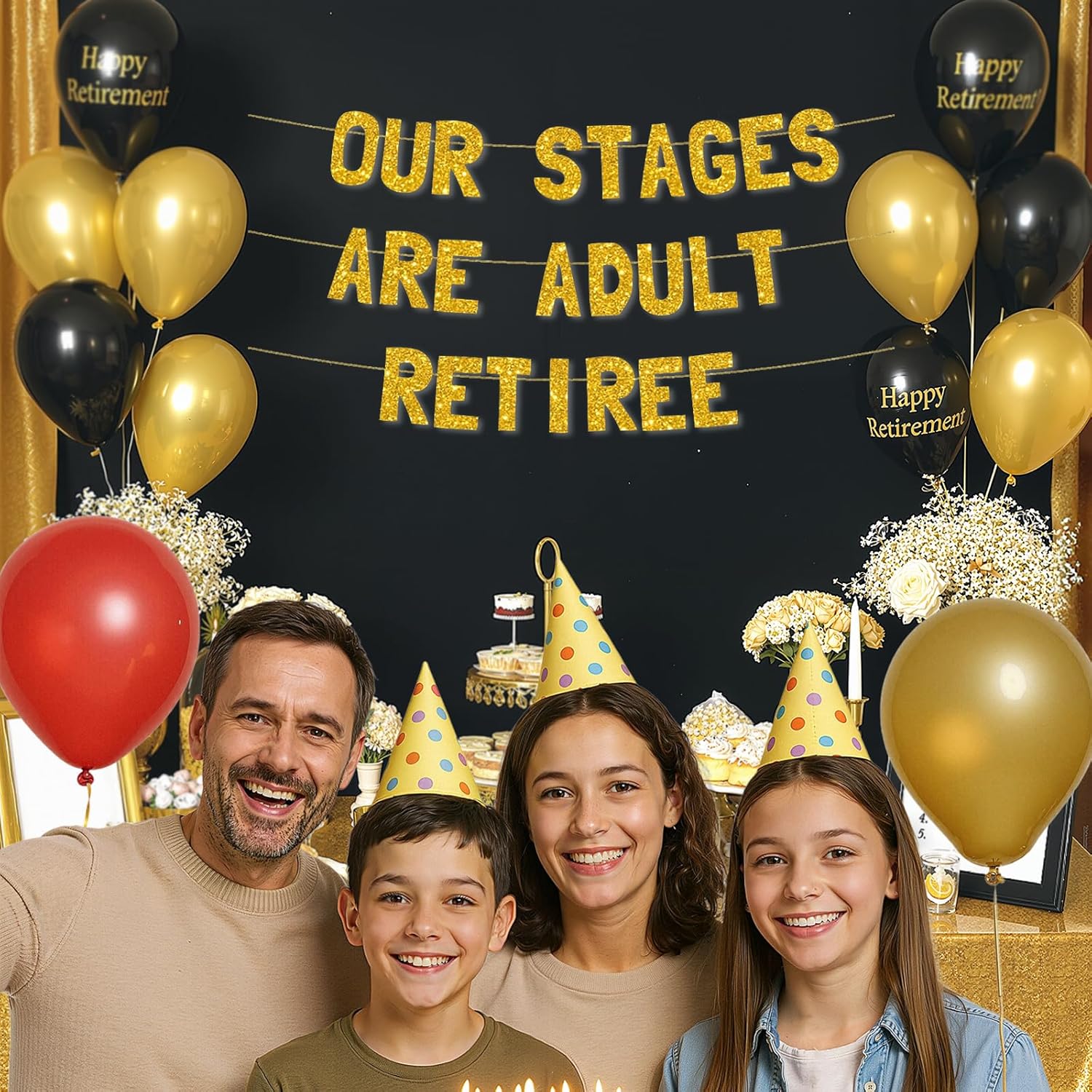 Meowoo Cheers Adulthood Banner - Bold Gold Glitter Letters