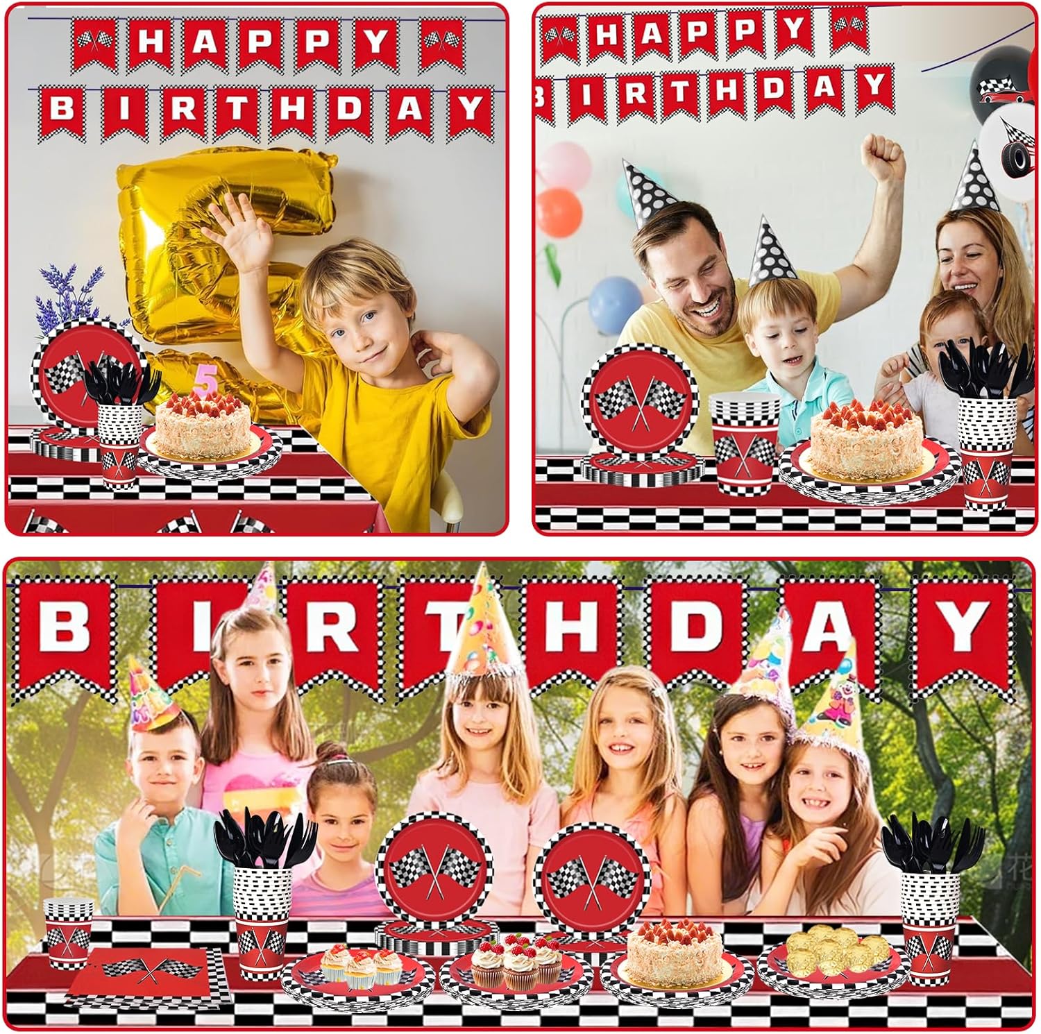 Racing Birthday Party Supplies for Kids Red Black Checkered Tableware Set