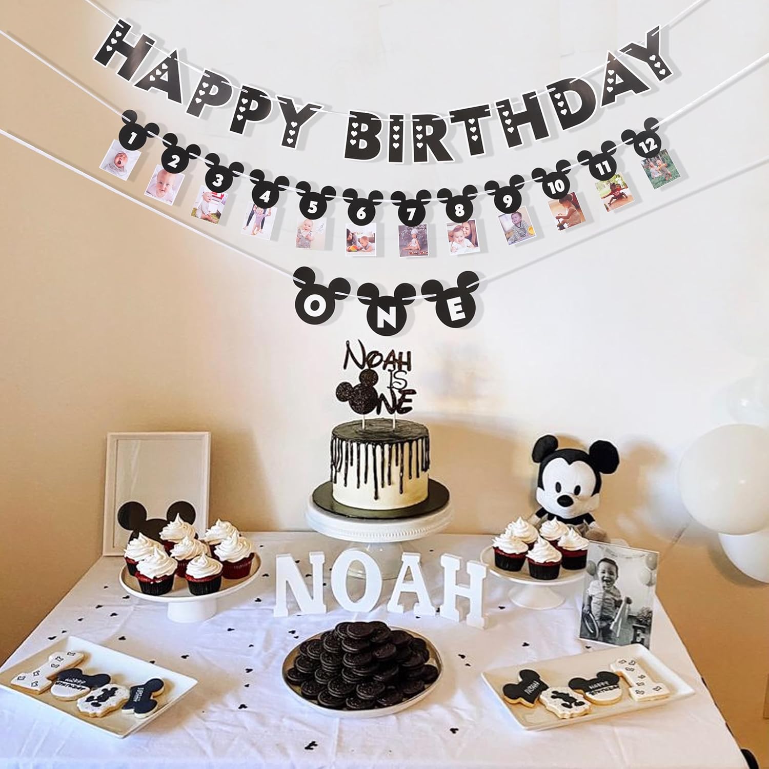 HIKLO Black and White Mouse 1st Birthday Banner Set