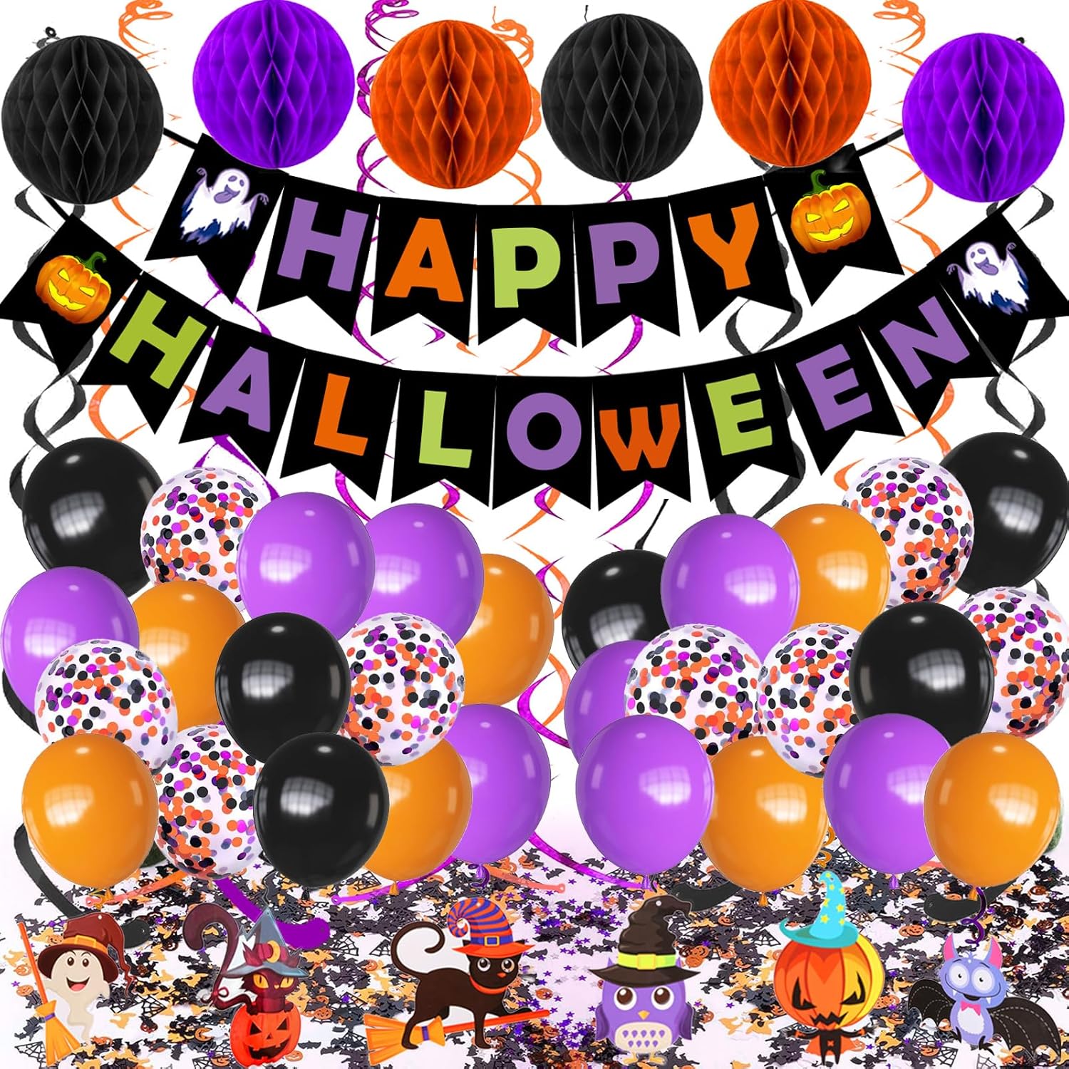 FECEDY Halloween Decorations Banner Paper Honeycomb Balls Swirl Streamers Balloons
