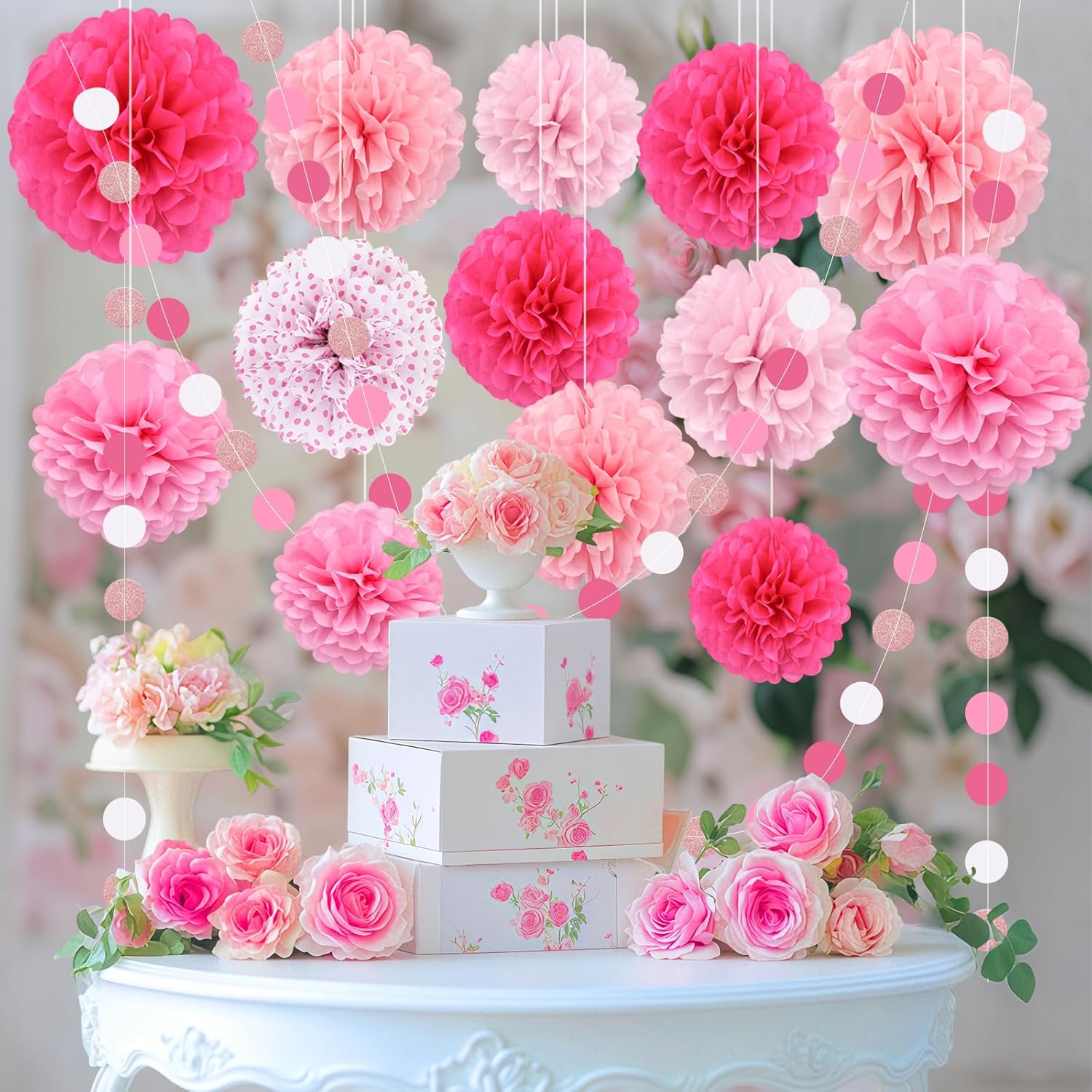 Pink Party Decorations Set with Pom Poms and Garland