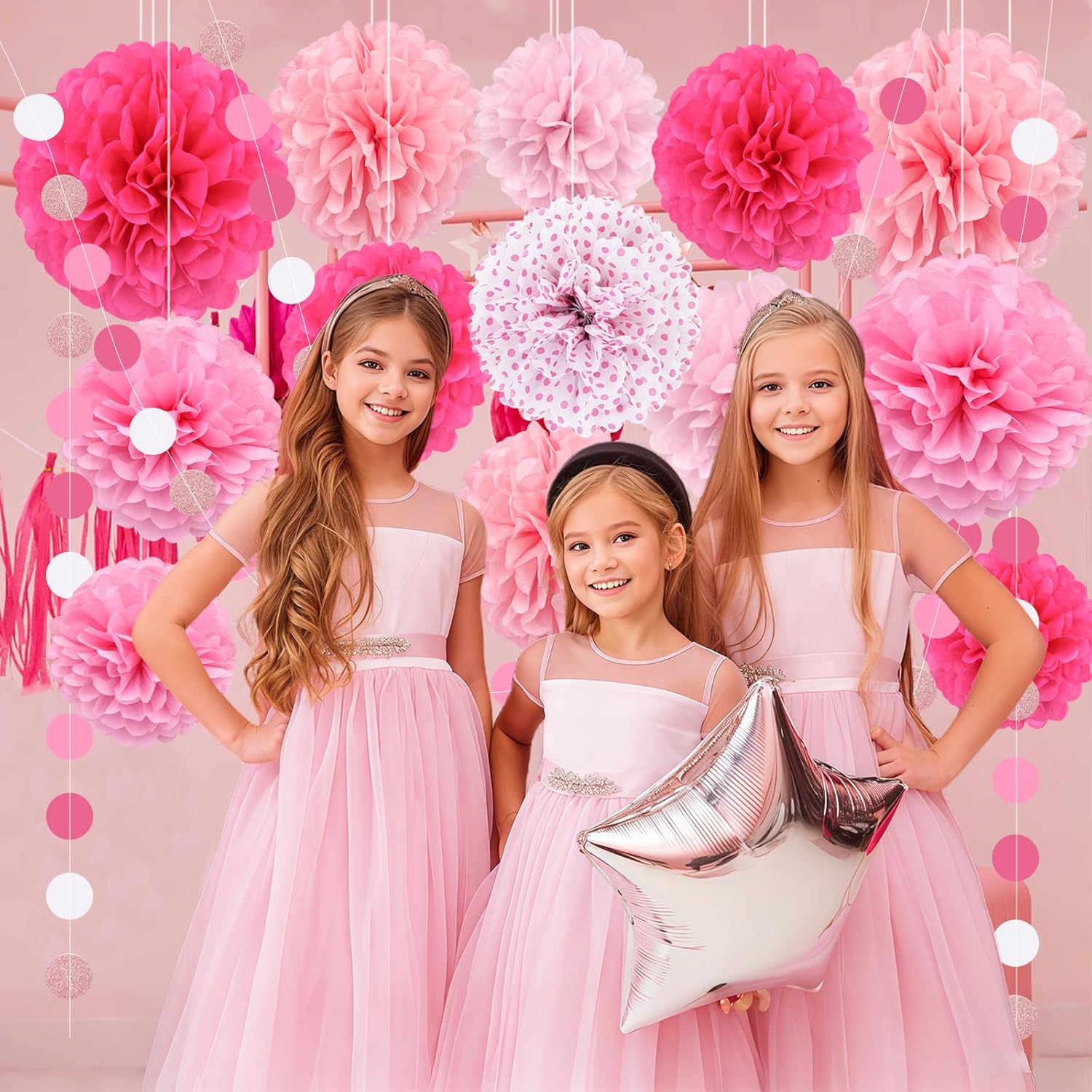 Pink Party Decorations Set with Pom Poms and Garland