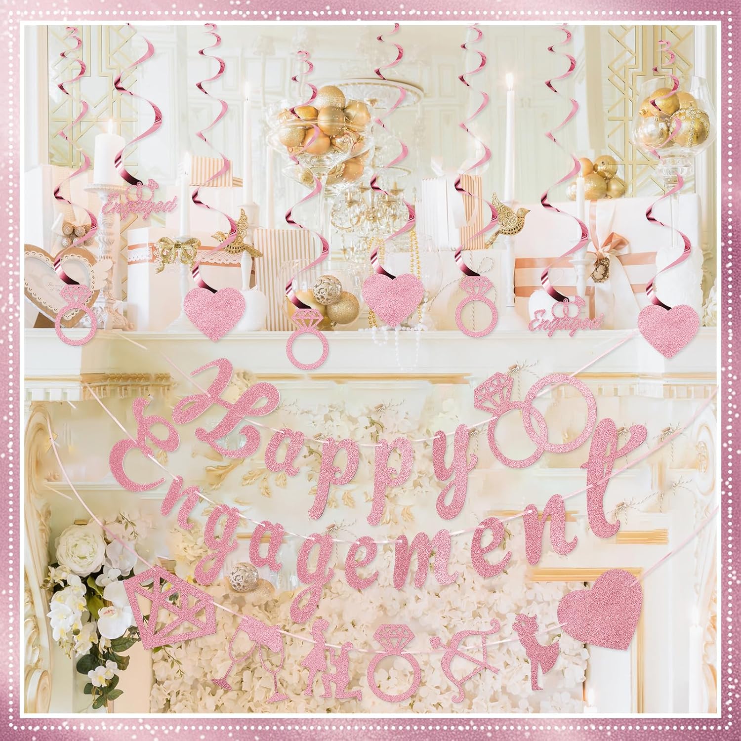Rose Gold Glitter Engagement Party Banner 98ft
