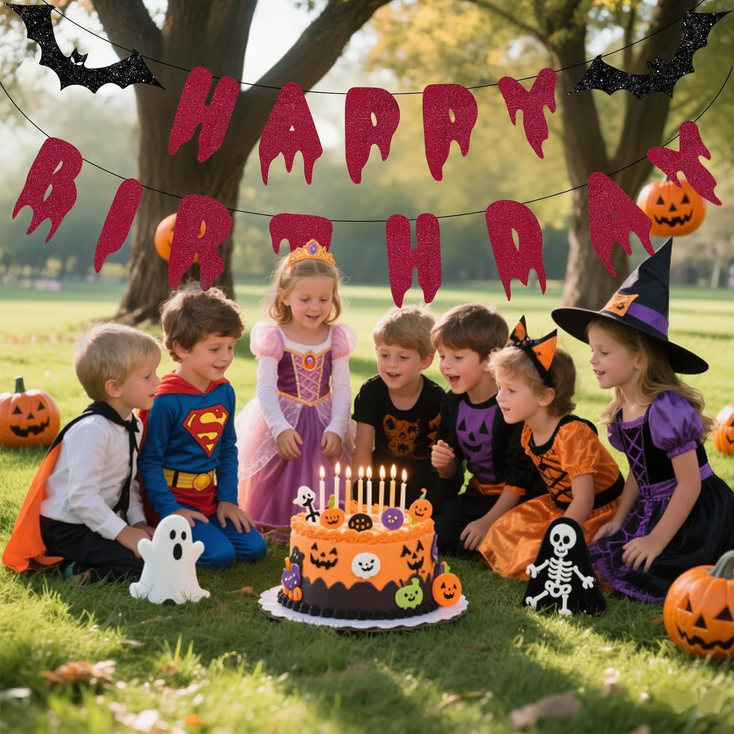 Halloween Happy Birthday Banner - Red Glitter Bloody Bat Decor