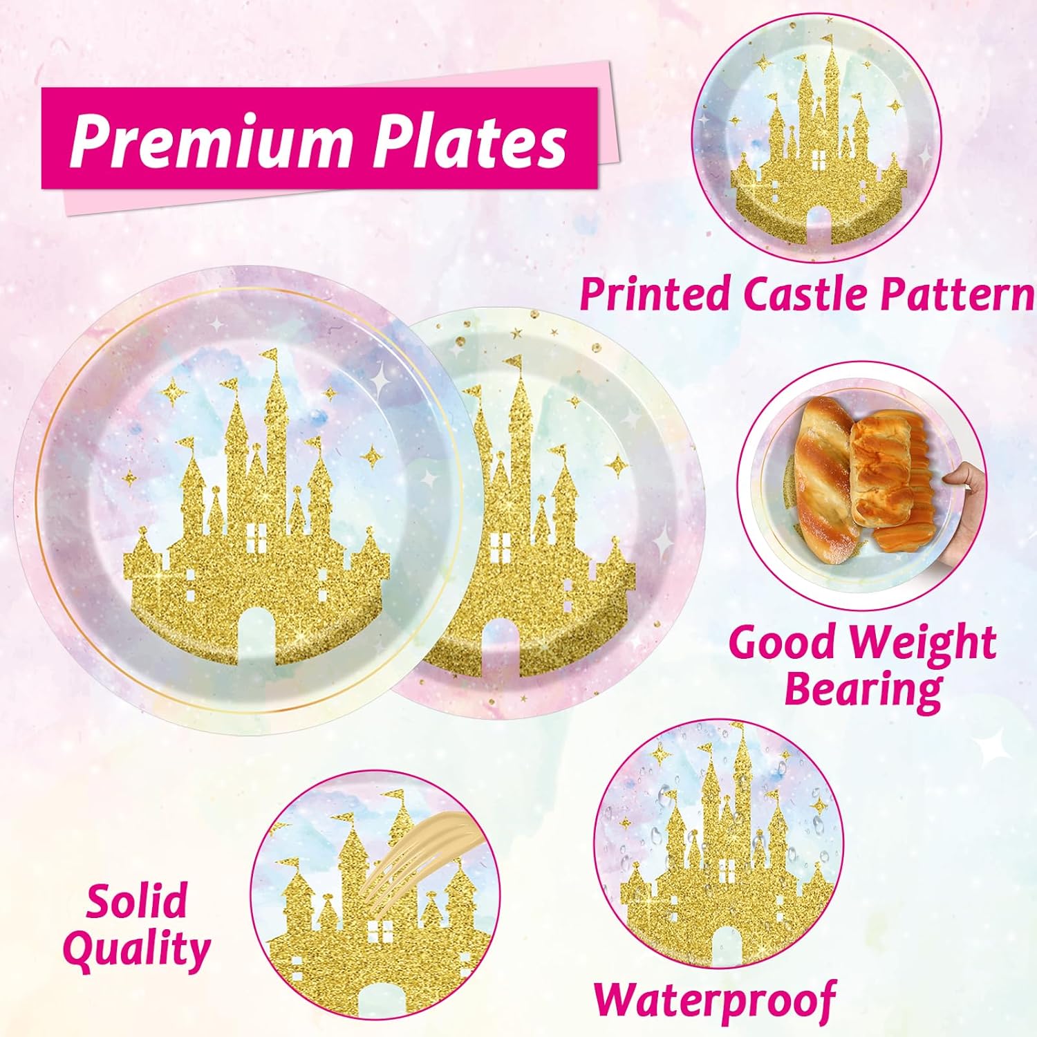 200Pcs Princess Castle Party Plates Napkins Forks Set for 50 Guests